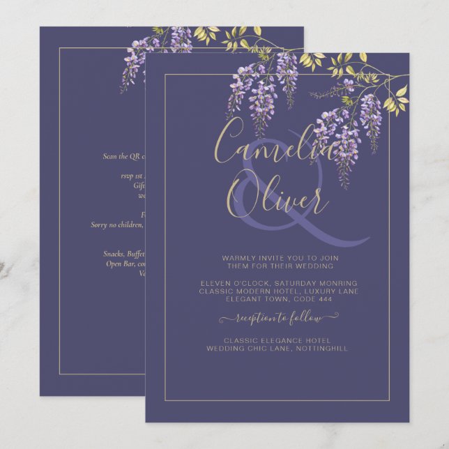 Invitación LeahG Purple Gold WISTERIA Floral Wedding INVITE (Anverso / Reverso)