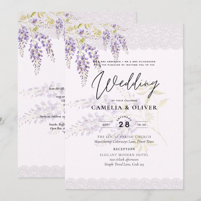 Invitación LeahG Purple WISTERIA Lace Floral Wedding INVITE (Anverso / Reverso)