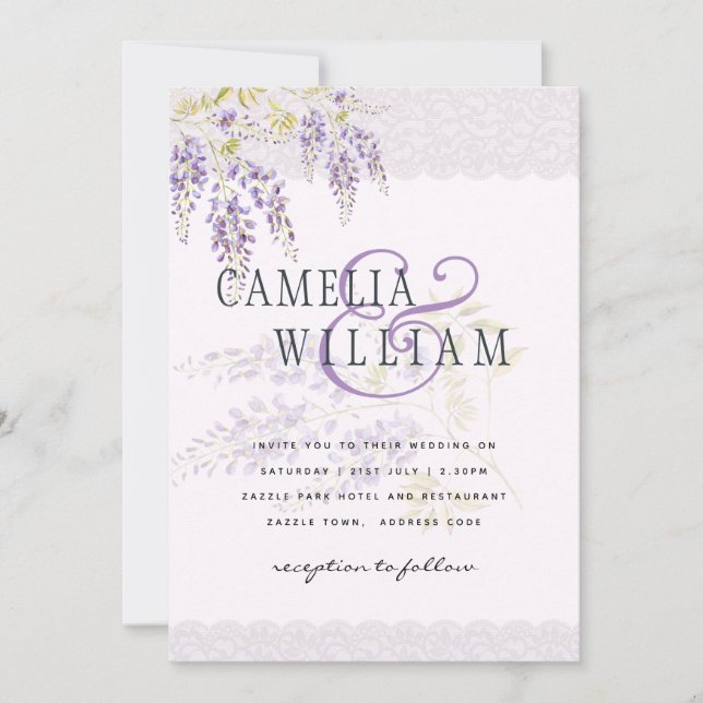 Invitación LeahG Purple WISTERIA Lace Floral Wedding INVITE (Anverso)