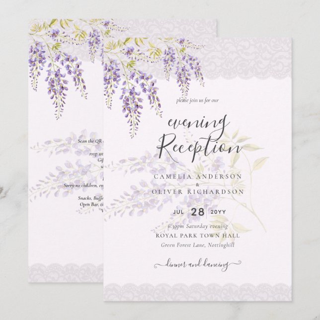 Invitación LeahG Purple WISTERIA Lace Floral Wedding INVITE (Anverso / Reverso)