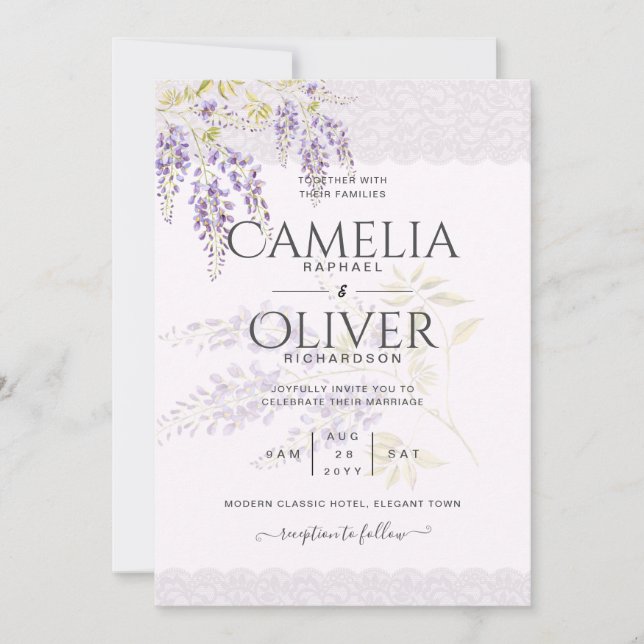 Invitación LeahG Purple WISTERIA Lace Floral Wedding INVITE (Anverso)