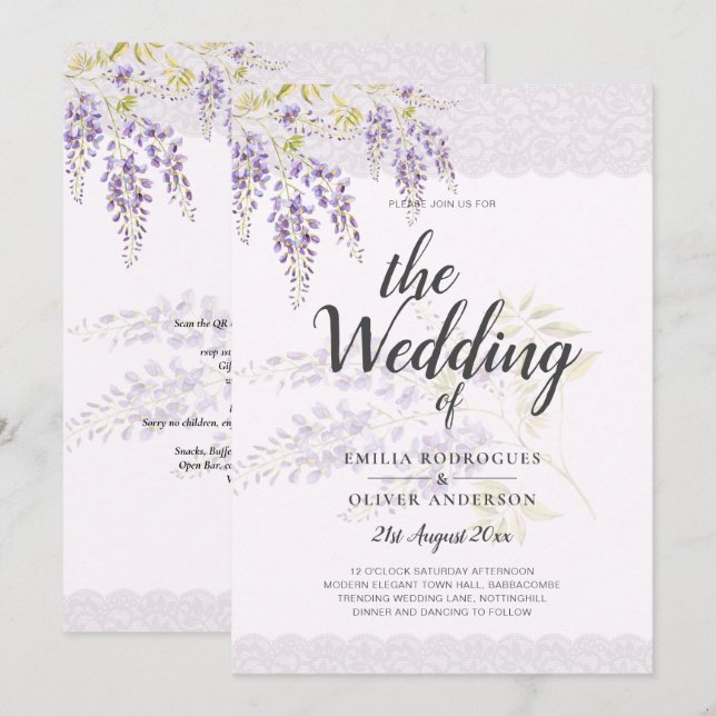 Invitación LeahG Purple WISTERIA Lace Floral Wedding INVITE (Anverso / Reverso)