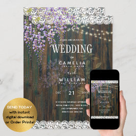 Invitación LeahG Purple WISTERIA Rustic Lace Boda