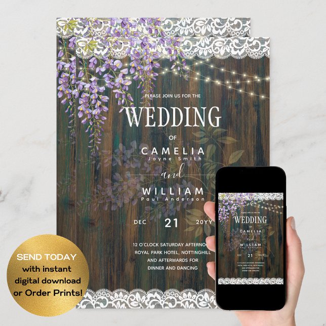 Invitación LeahG Purple WISTERIA Rustic Lace Boda (Subido por el creador)