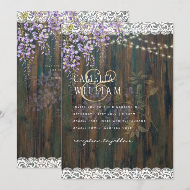 Invitación LeahG Purple WISTERIA Rustic Lace Boda (Anverso / Reverso)