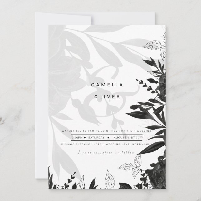 Invitación LeahG Rosas blancos negros Boda de presupuesto INV (Anverso)