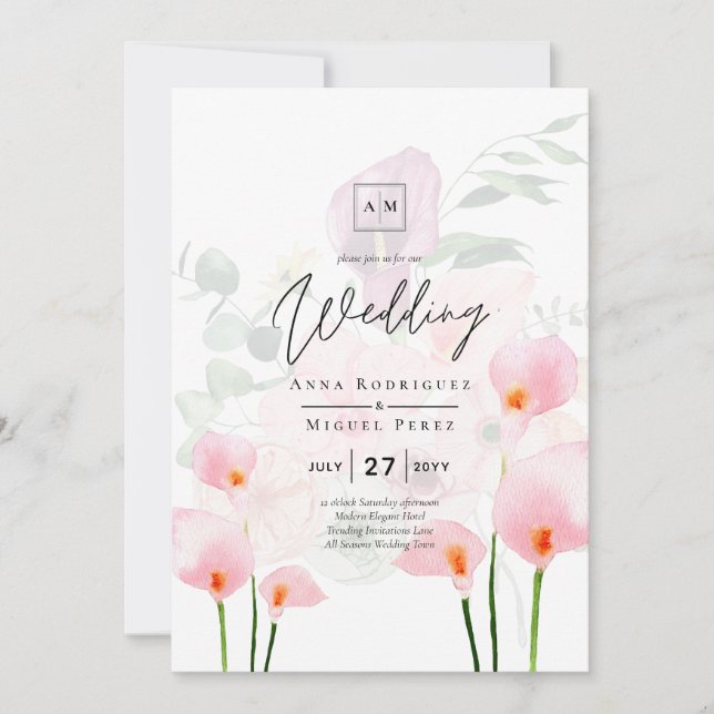 Invitación LeahG Rubor Pink Calla Lily Wedding Invita a la fl (Anverso)