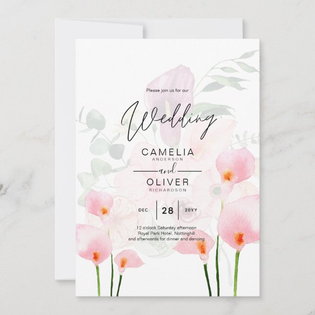 Invitación LeahG Rubor Pink Calla Lily Wedding Invita a la fl (Anverso)
