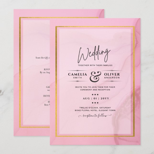 Invitación LeahG Rubor Pink Gold INK Ombre Wedding INVITE (Anverso / Reverso)