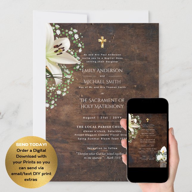 Invitación LeahG Rustic Lilies Boda católico Masa Nupcial (Subido por el creador)