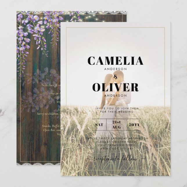 Invitación LeahG Rustic WISTERIA Lace Floral Wedding INVITE (Anverso / Reverso)