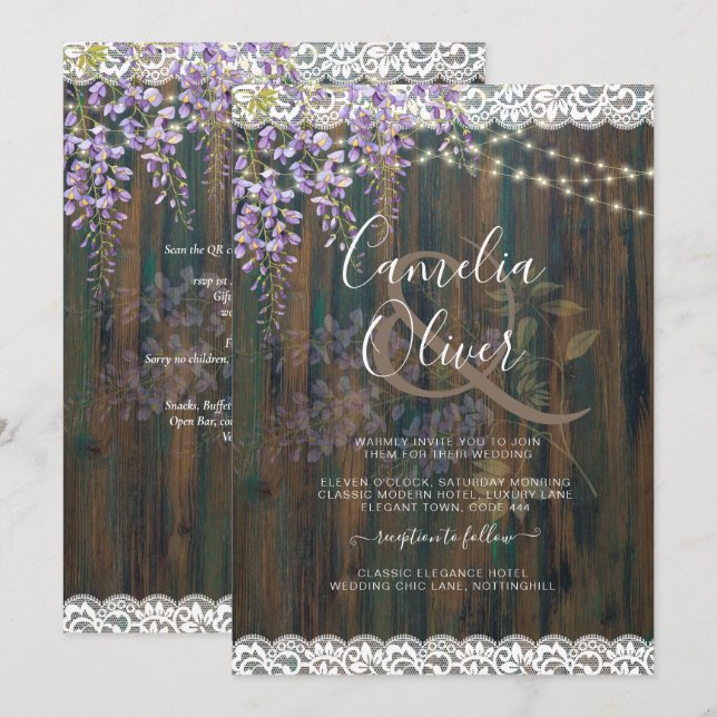Invitación LeahG Rustic WISTERIA Lace Floral Wedding INVITE (Anverso / Reverso)