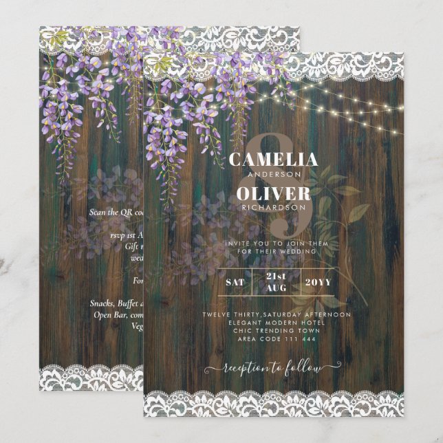 Invitación LeahG Rustic WISTERIA Lace Floral Wedding INVITE (Anverso / Reverso)