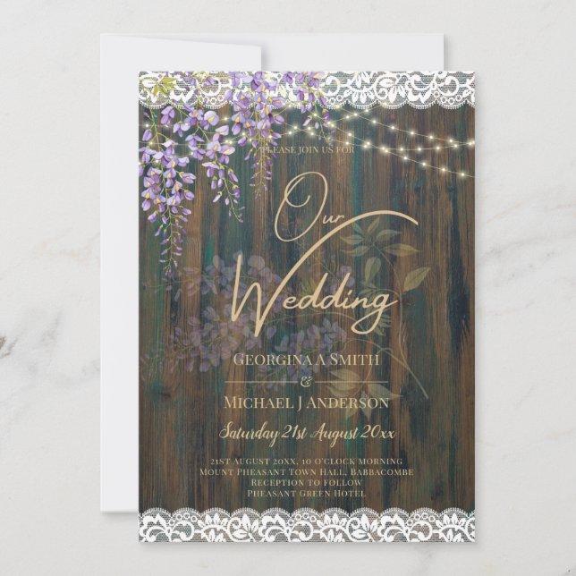 Invitación LeahG Rustic WISTERIA Lace Floral Wedding INVITE (Anverso)