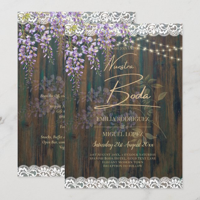 Invitación LeahG Rustic WISTERIA Lace Floral Wedding INVITE (Anverso / Reverso)