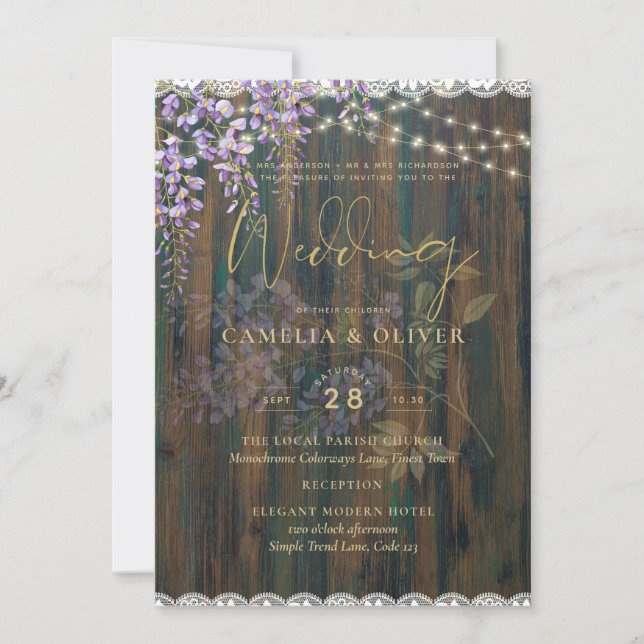 Invitación LeahG Rustic WISTERIA Lace Floral Wedding INVITE (Anverso)