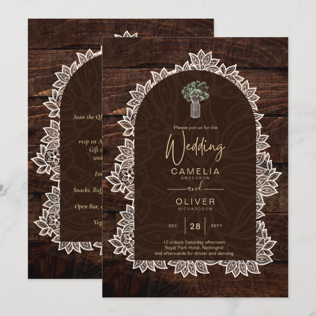 Invitación LeahG Rústico Lace Gypsophila Wood Wedding INVITE (Anverso / Reverso)