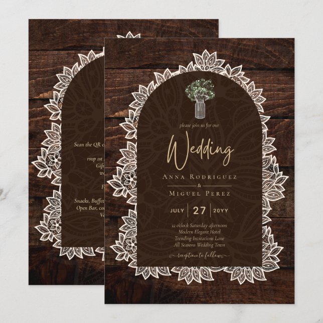 Invitación LeahG Rústico Lace Gypsophila Wood Wedding INVITE (Anverso / Reverso)