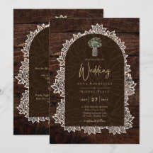 LeahG Rústico Lace Gypsophila Wood Wedding INVITE