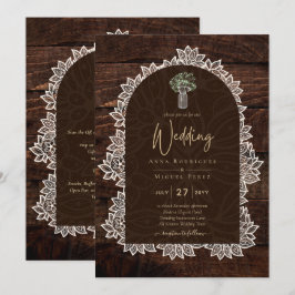 Invitación LeahG Rústico Lace Gypsophila Wood Wedding INVITE