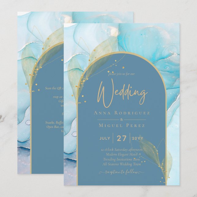 Invitación LeahG Sea Glass Gold Ink Aqua Blue Wedding INVITE (Anverso / Reverso)