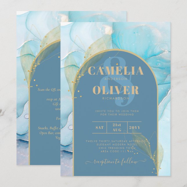 Invitación LeahG Sea Glass Gold Ink Aqua Blue Wedding INVITE (Anverso / Reverso)