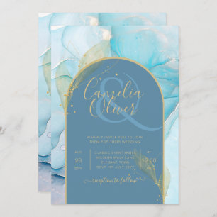 Invitación LeahG Sea Glass Gold Ink Aqua Blue Wedding INVITE