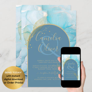 Invitación LeahG Sea Glass Gold Ink Aqua Blue Wedding INVITE