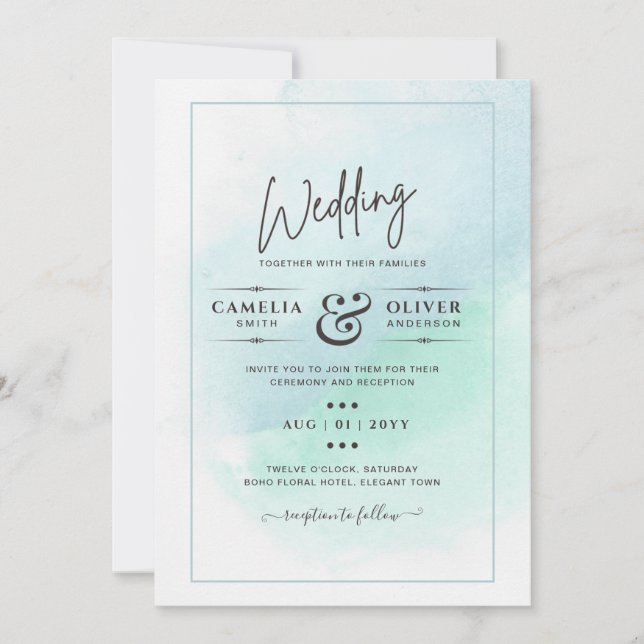 Invitación LeahG Sea Glass Turquoise Verde azulado Blue Weddi (Anverso)