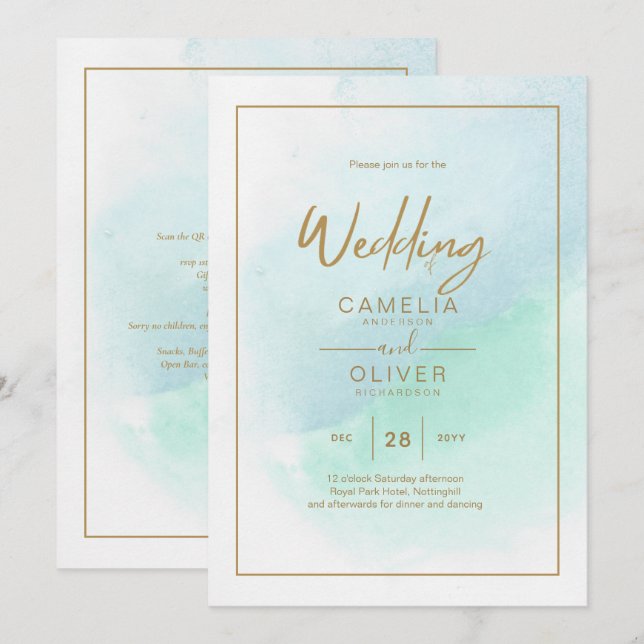 Invitación LeahG Sea Glass Turquoise Verde azulado Blue Weddi (Anverso / Reverso)