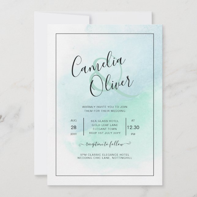 Invitación LeahG Sea Glass Turquoise Verde azulado Blue Weddi (Anverso)