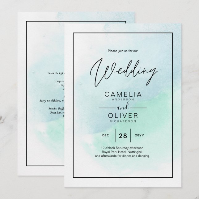Invitación LeahG Sea Glass Turquoise Verde azulado Blue Weddi (Anverso / Reverso)