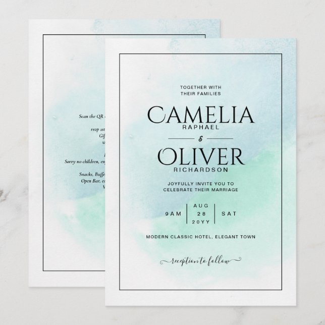 Invitación LeahG Sea Glass Turquoise Verde azulado Blue Weddi (Anverso / Reverso)