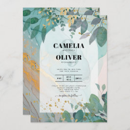 Invitación LeahG Seaglass Ink Verde azulado Gold Greenery Bod