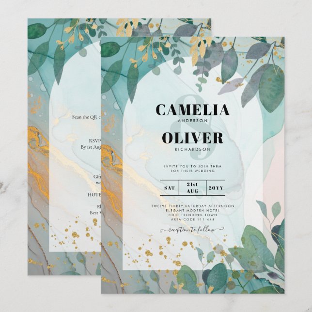 Invitación LeahG Seaglass Ink Verde azulado Gold Greenery Bod (Anverso / Reverso)