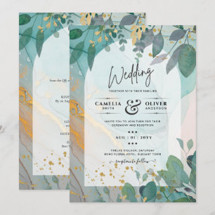 Invitación LeahG Seaglass Ink Verde azulado Gold Greenery Bod
