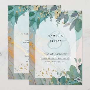 Invitación LeahG Seaglass Ink Verde azulado Gold Greenery Bod