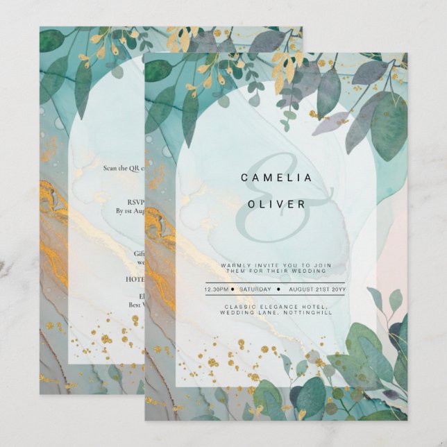 Invitación LeahG Seaglass Ink Verde azulado Gold Greenery Bod (Anverso / Reverso)