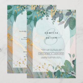 Invitación LeahG Seaglass Ink Verde azulado Gold Greenery Bod