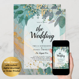 Invitación LeahG Seaglass Ink Verde azulado Gold Greenery Bod