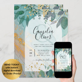 Invitación LeahG Seaglass Ink Verde azulado Gold Greenery Bod