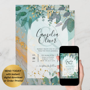 Invitación LeahG Seaglass Ink Verde azulado Gold Greenery Bod