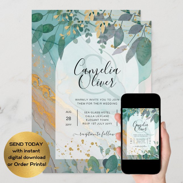 Invitación LeahG Seaglass Ink Verde azulado Gold Greenery Bod (Subido por el creador)