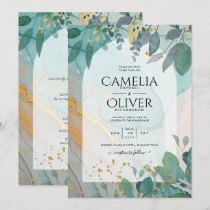 Invitación LeahG Seaglass Ink Verde azulado Gold Greenery Bod