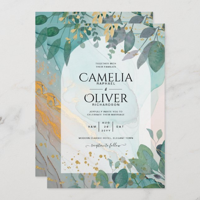 Invitación LeahG Seaglass Ink Verde azulado Gold Greenery Bod (Anverso / Reverso)