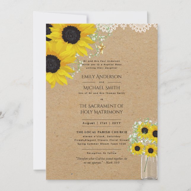 Invitación LeahG Sunflowers Boda Católica Masa Nupcial (Anverso)