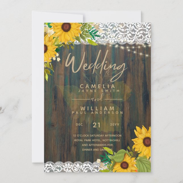 Invitación LeahG Sunflowers Boda Rustic Wood Lace (Anverso)