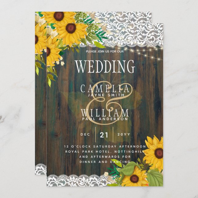 Invitación LeahG Sunflowers Boda Rustic Wood Lace (Anverso / Reverso)