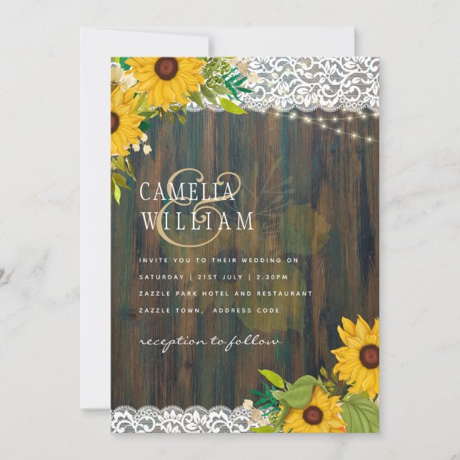 Invitación LeahG Sunflowers Boda Rustic Wood Lace (Anverso)