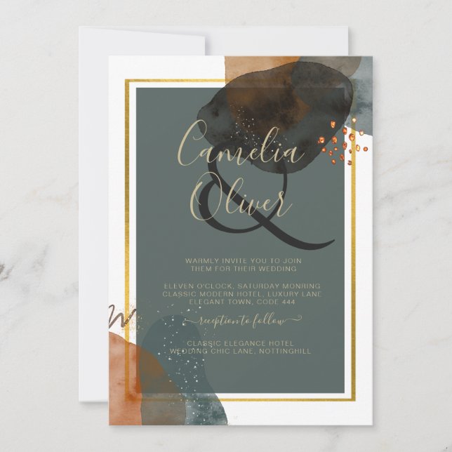 Invitación Leahg TONOS DE TIERRA VERDE AZULADA BODA INVITAR C (Anverso)